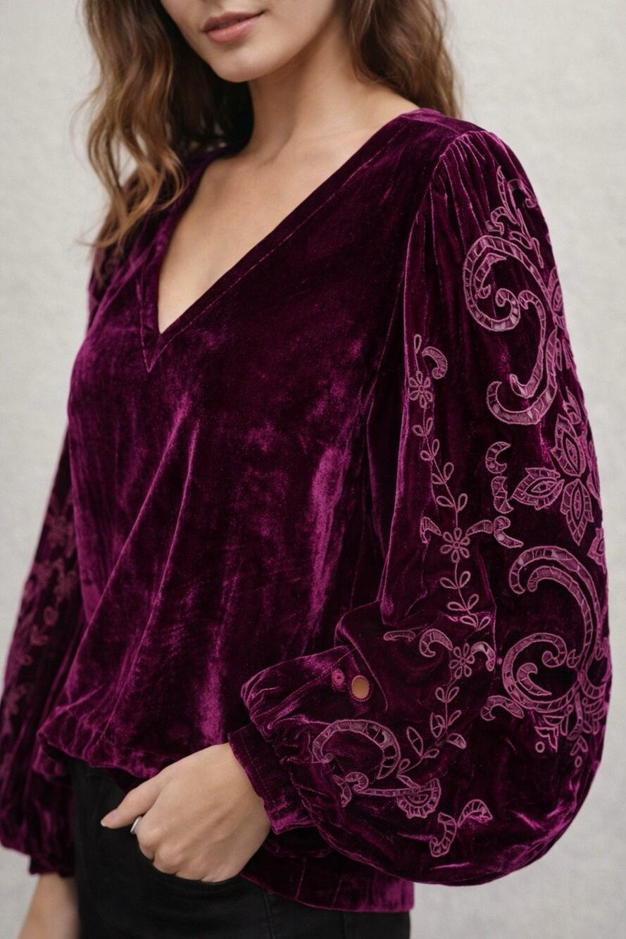 Anthropologie Plum Velvet Cutwork Blouse Balloon Sleeve Whimsy Goth